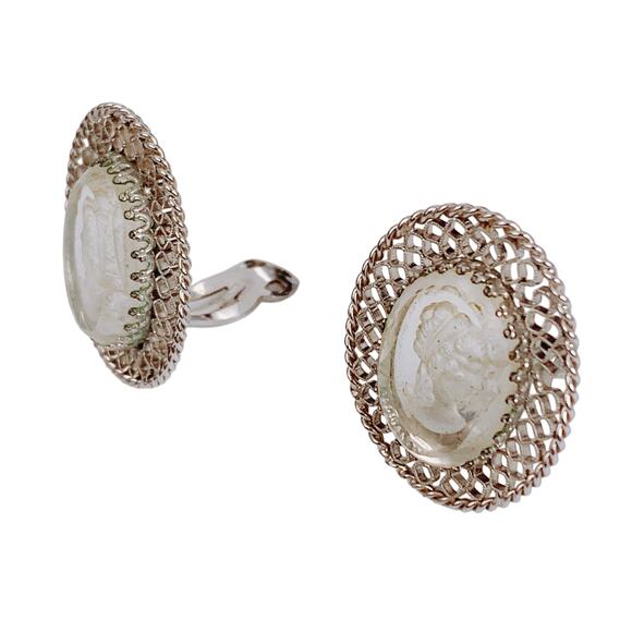 Vintage Whiting & Davis Cameo Clip-On Earrings, Filigree, 1950s Jewelry - Picture 3 of 12